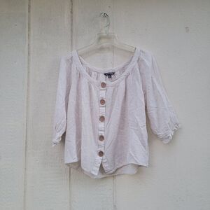 Womens linen blend button front top Cropped sz XL oatmeal boxy lagenlook